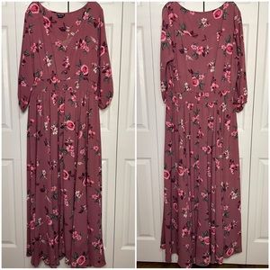 City Chic Maxi L 20 Boho Long Button Up V-Neck Mauve Floral Rose 3/4 sleeve